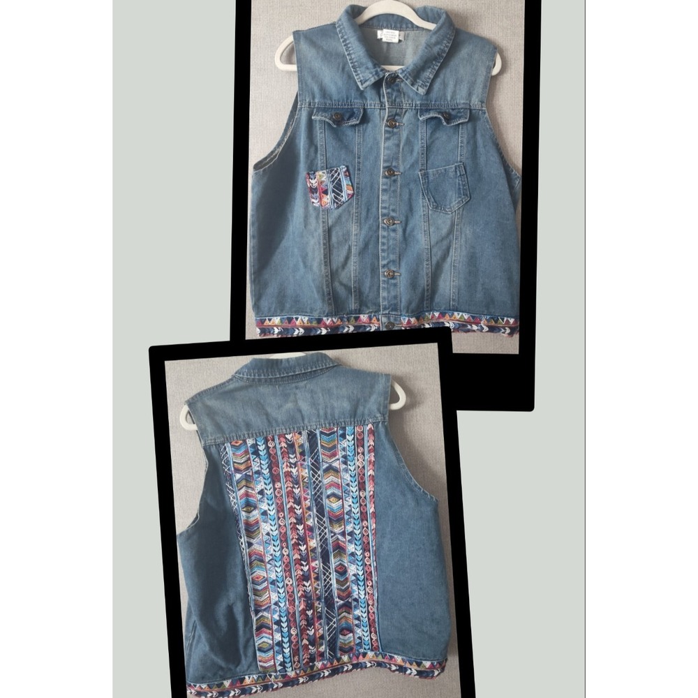 Paisley Vine Denim Jean Vest Womens Size XL Embroidered Colorful 100% Cotton
